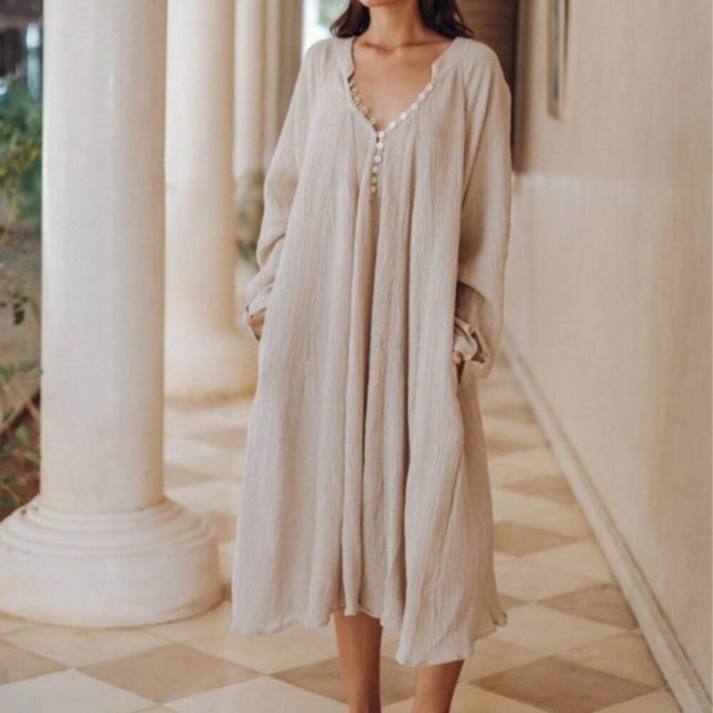Myrah Penaloza Maxi Dress Women One Size Tan Bamboo Rayon Boho V-Neck Pockets